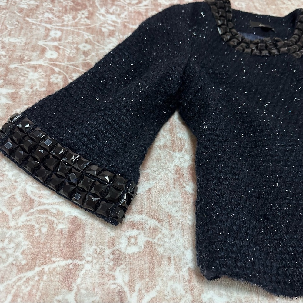 Rhinestone Navy Tweed Metallic 3/4 Sleeve Jacket - Picture 3 of 12